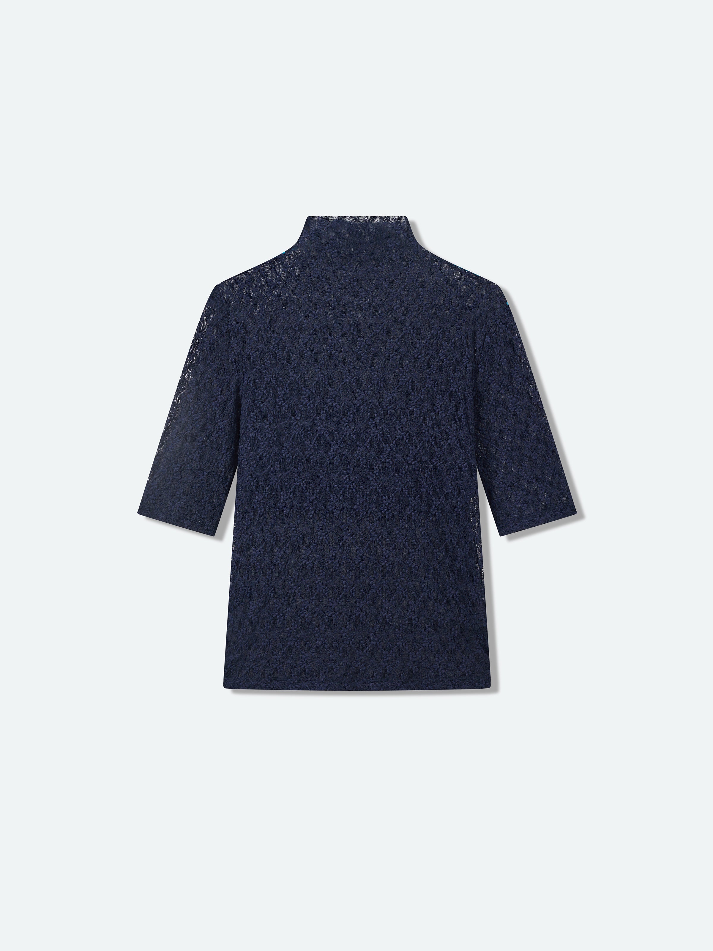 Navy Blue Stretch Lace Semi-High Neck Elbow-Sleeve Top