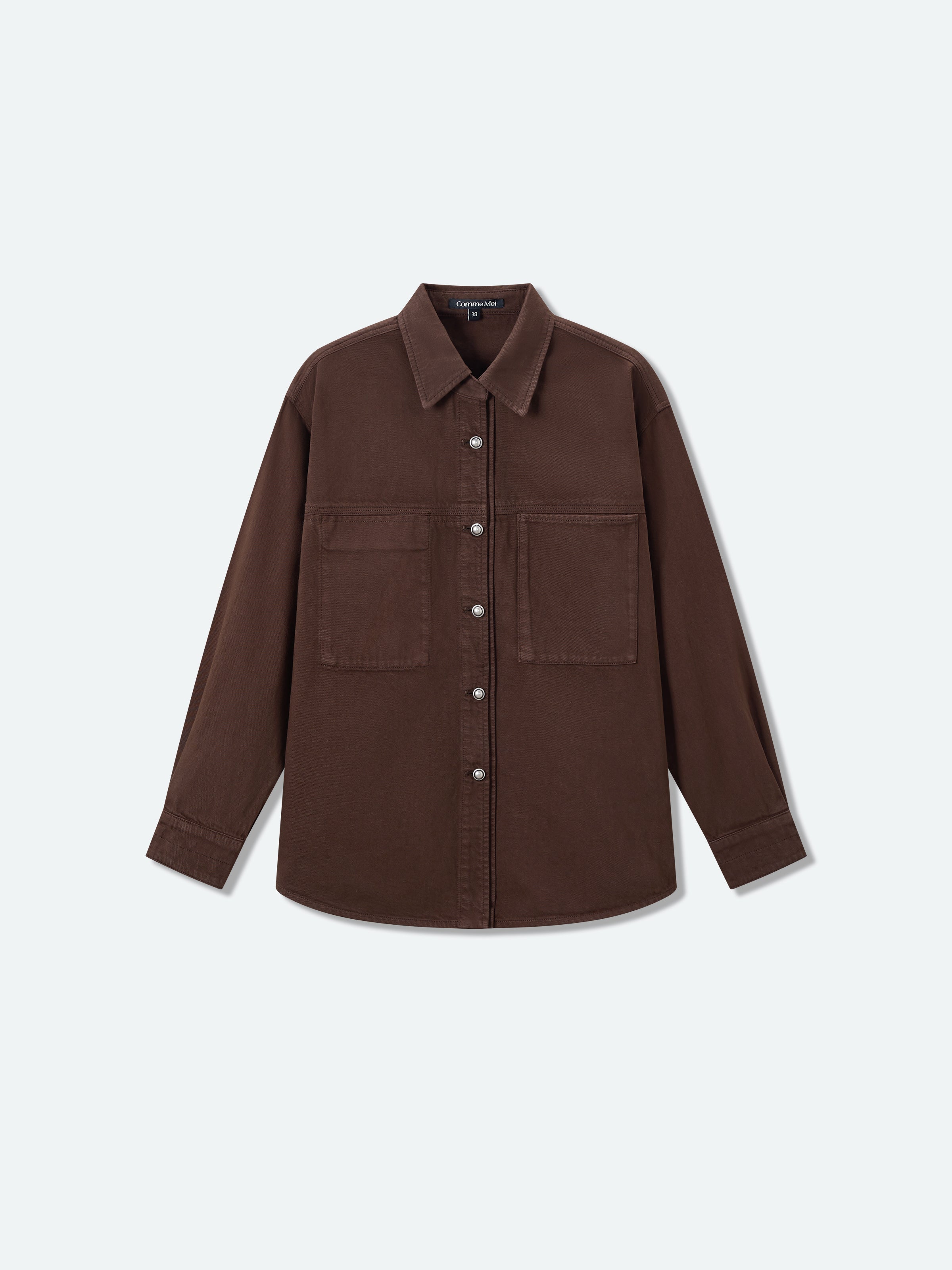 Coffee brown long-sleeve denim shirt front, button placket and chest pockets
