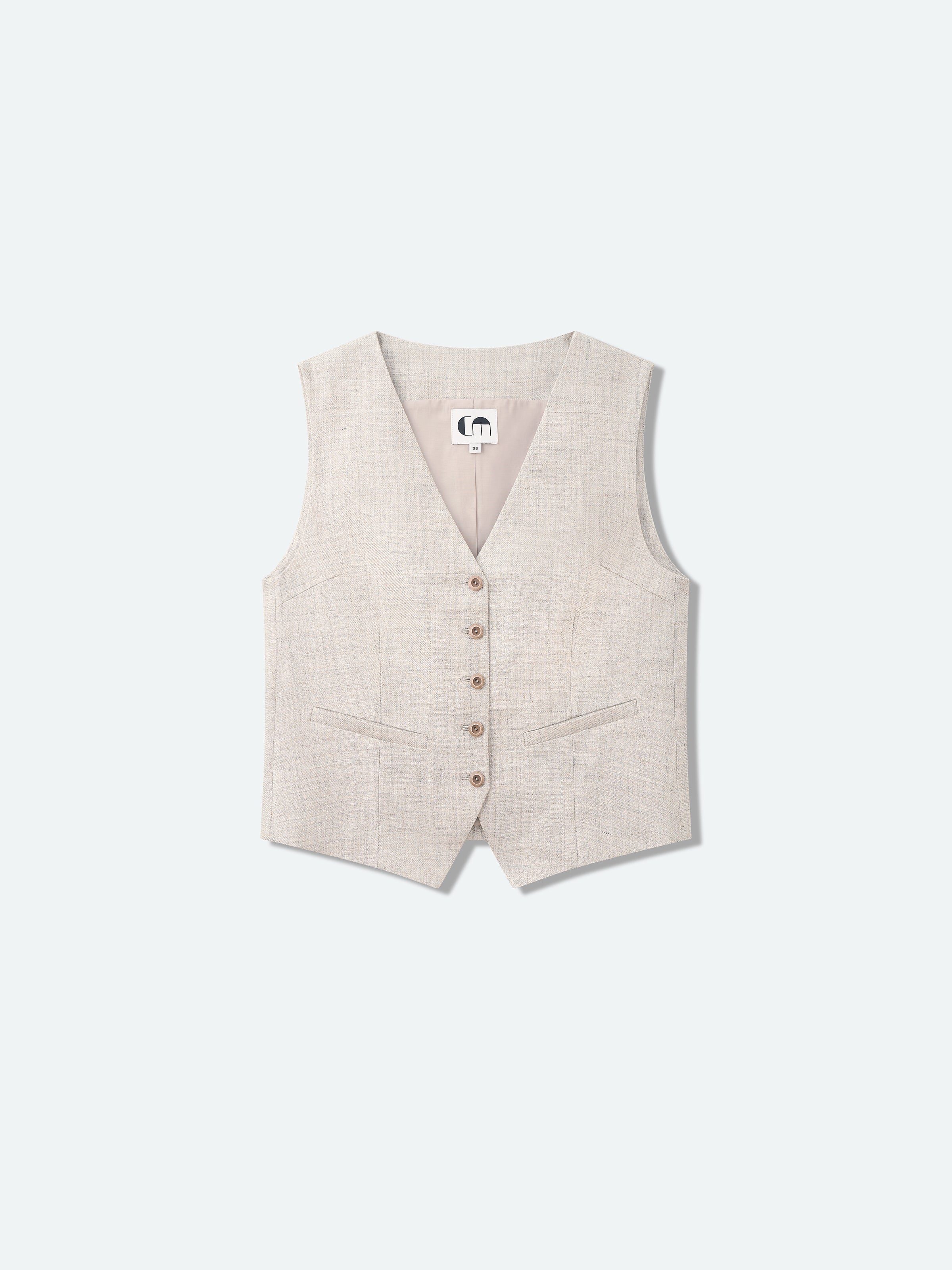 Gilet court col en V en lin et viscose gris clair