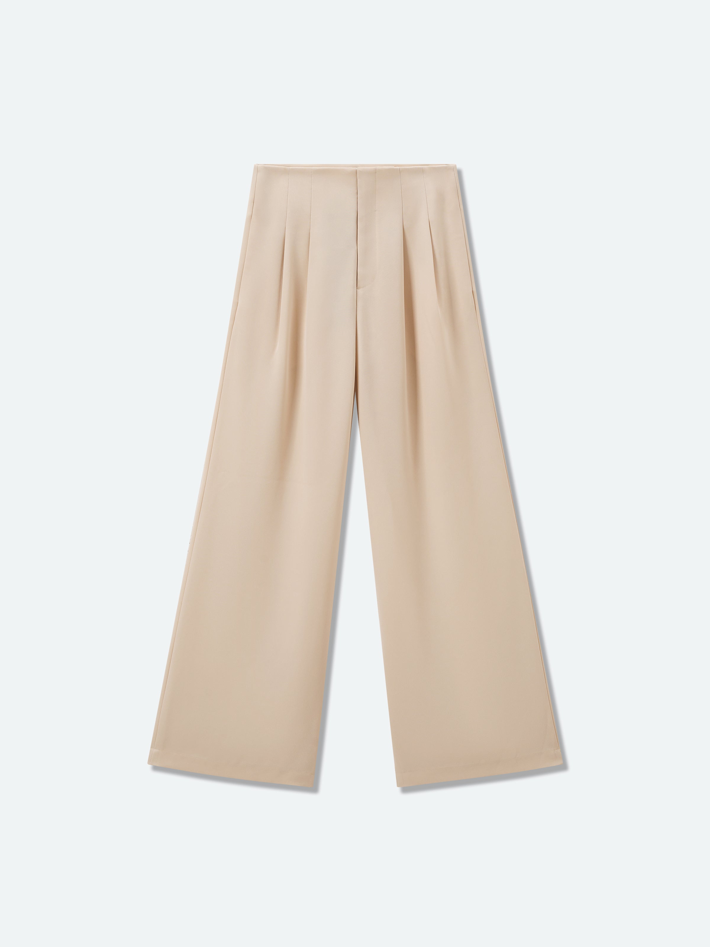 Beige satin wide-leg trousers with pleated front and loose straight legs.