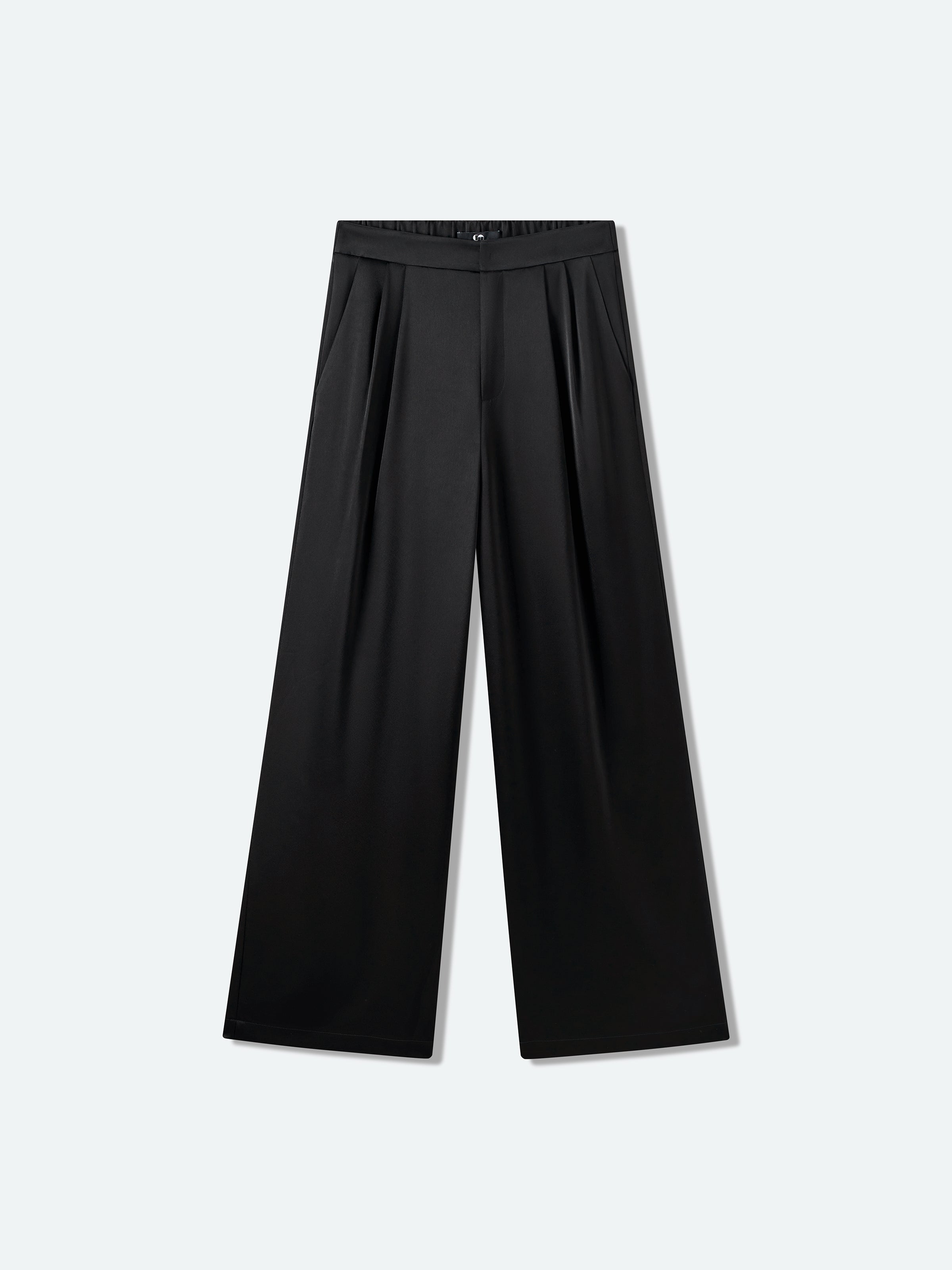 Black Water Wave Satin High-Waist Wide-Leg Trousers