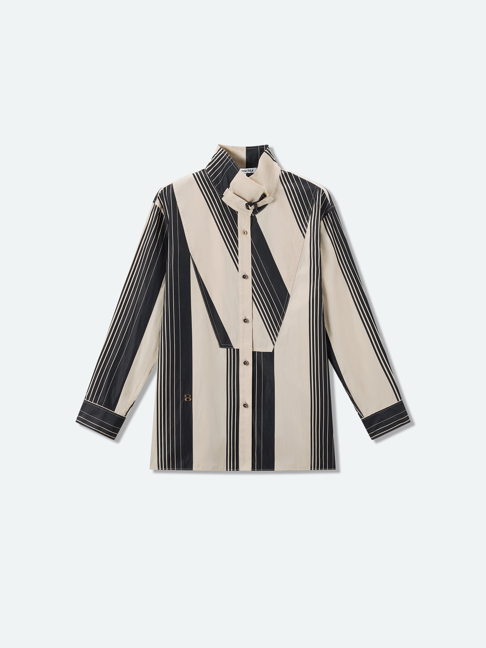 Cream and black vertical striped long-sleeve button shirt with stand collar