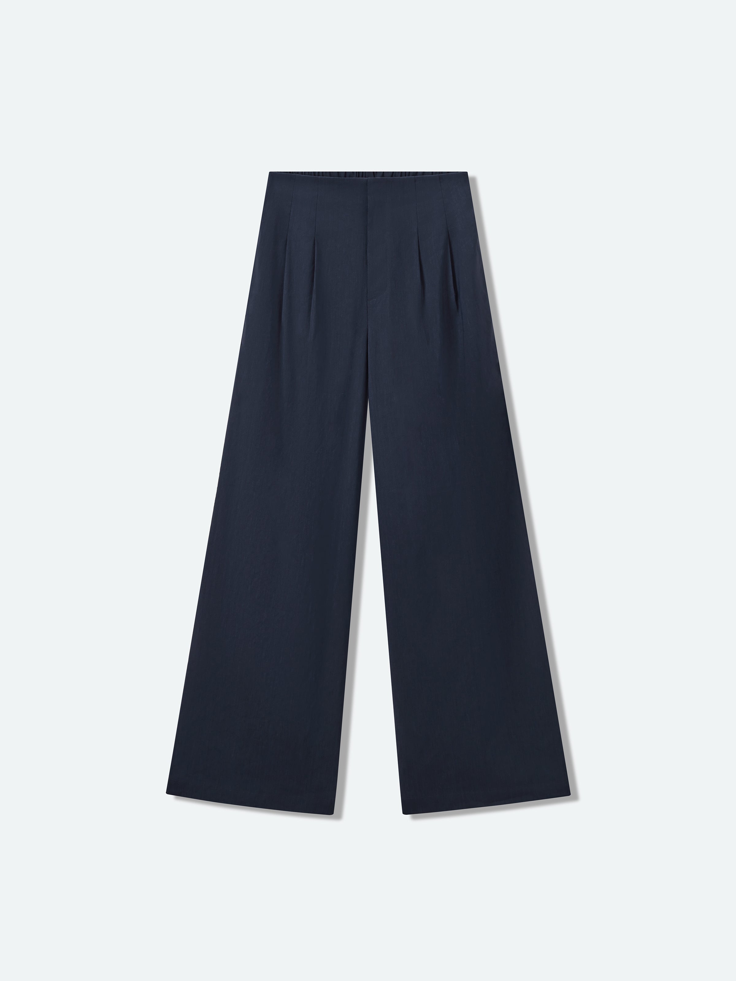 Navy Blue Linen Blend Double Pleat Wide-Leg Trousers
