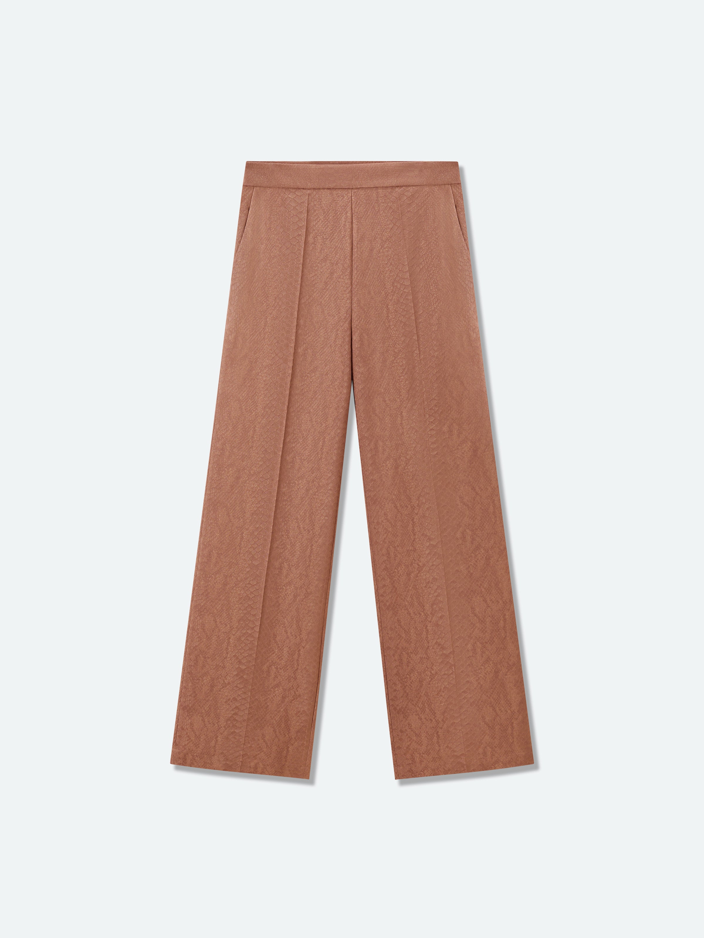 Nude brown wide-leg trousers flat view with elastic waistband