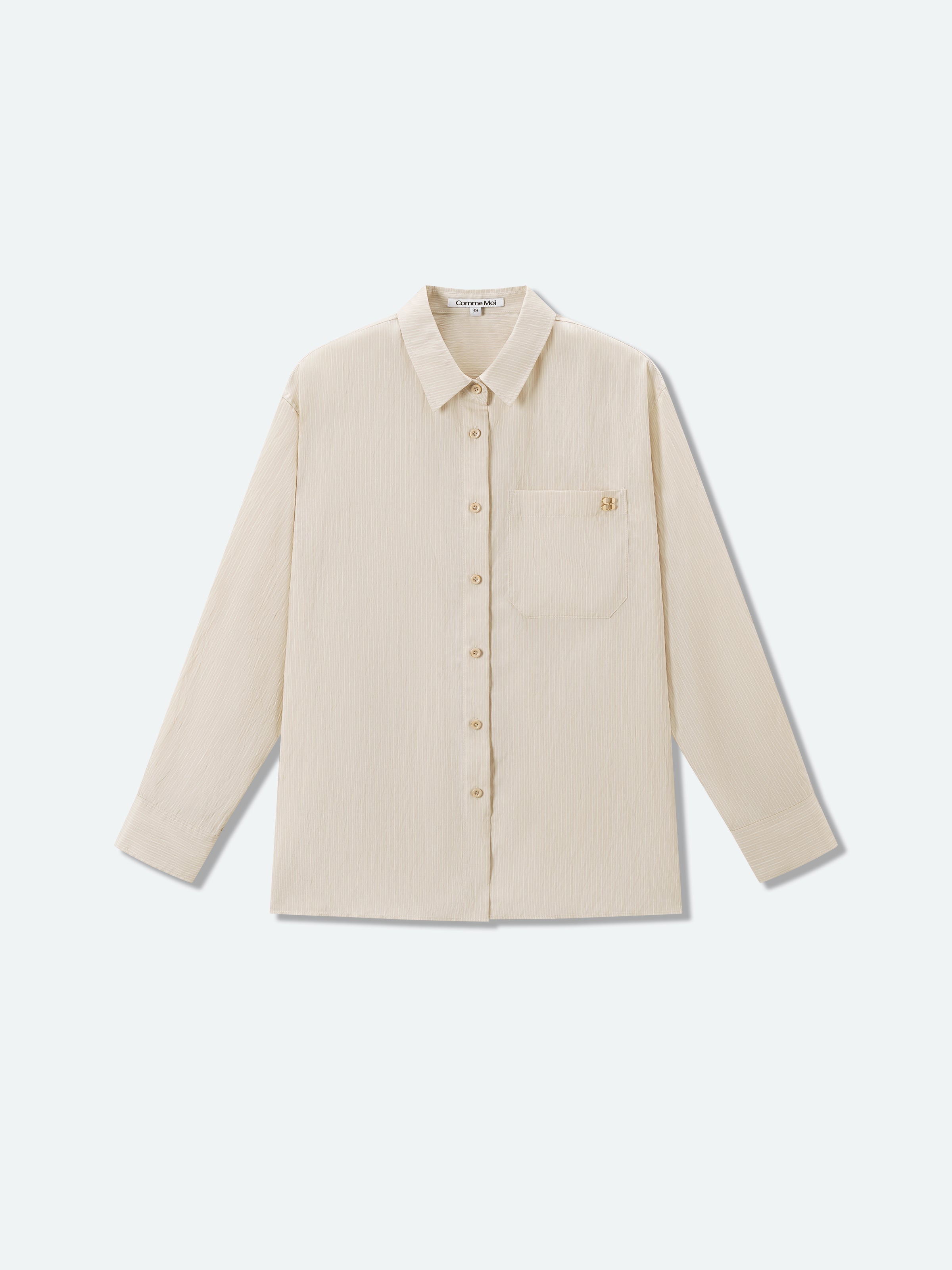 Light beige striped button-up shirt with point collar and front chest pocket