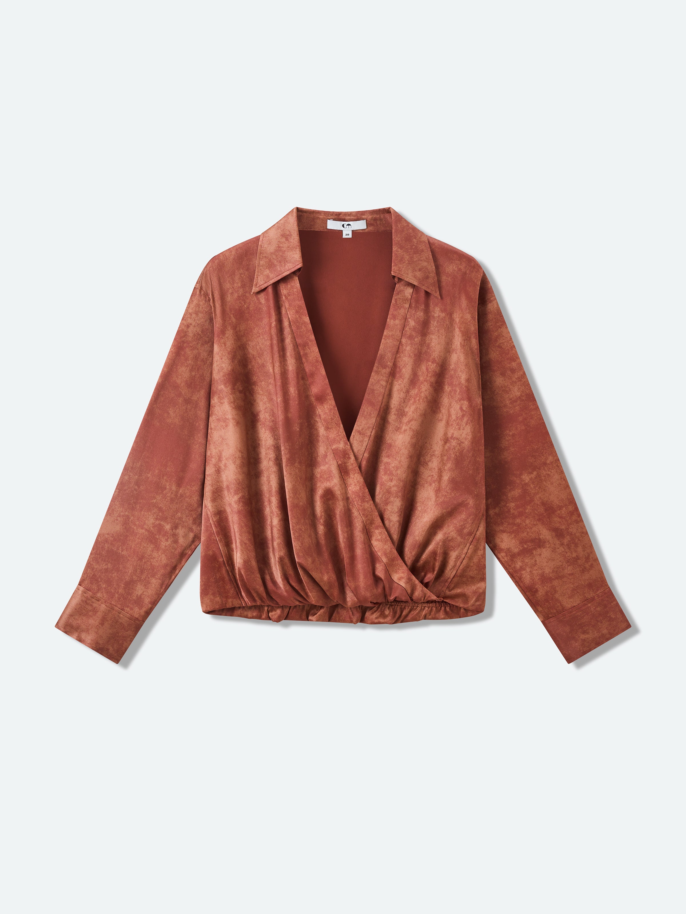 Dark Red Stretch Mulberry Satin V-Neck Long-Sleeve Top
