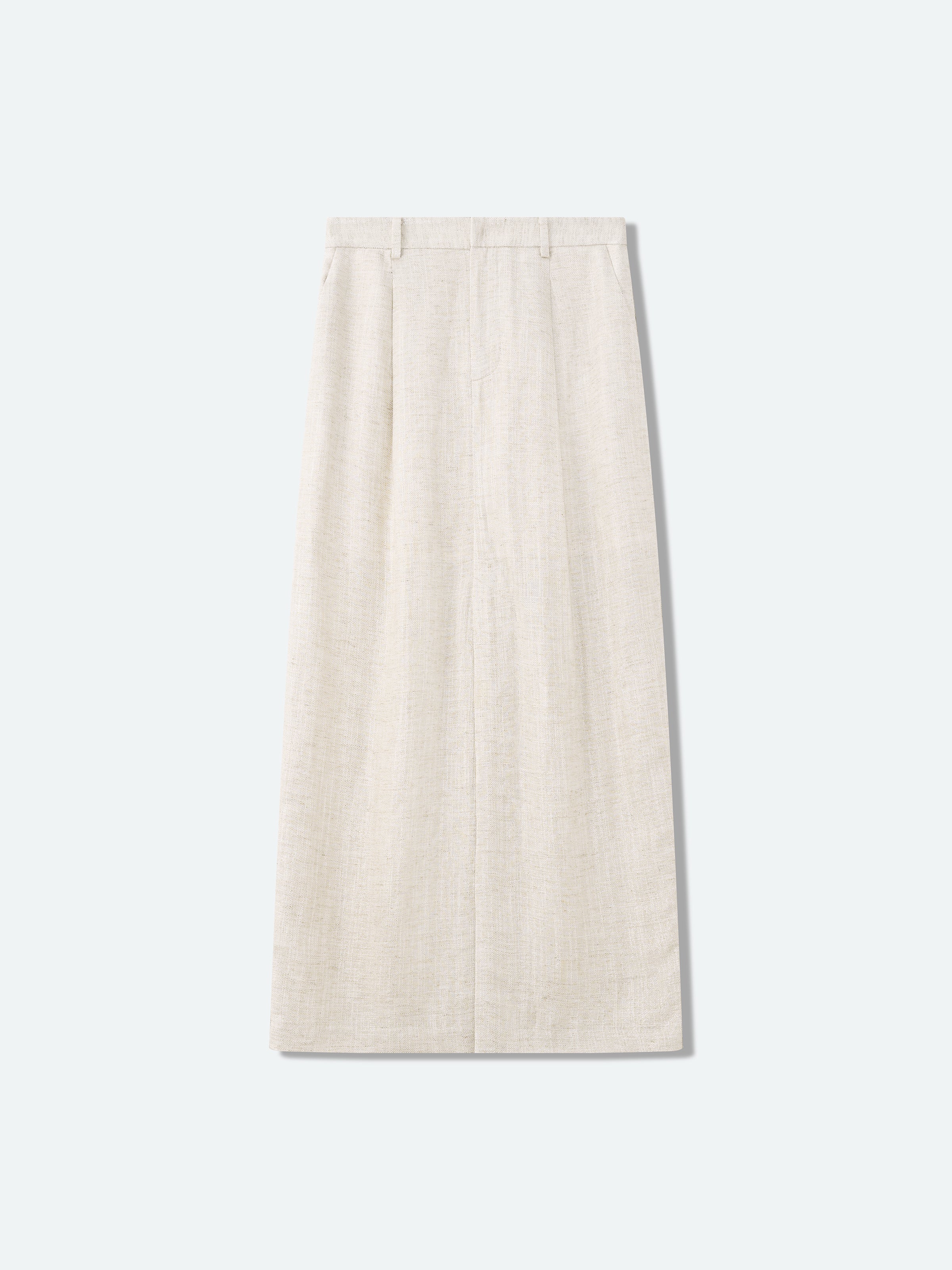 Beige Shimmering Linen Viscose Front Slit Midi Skirt