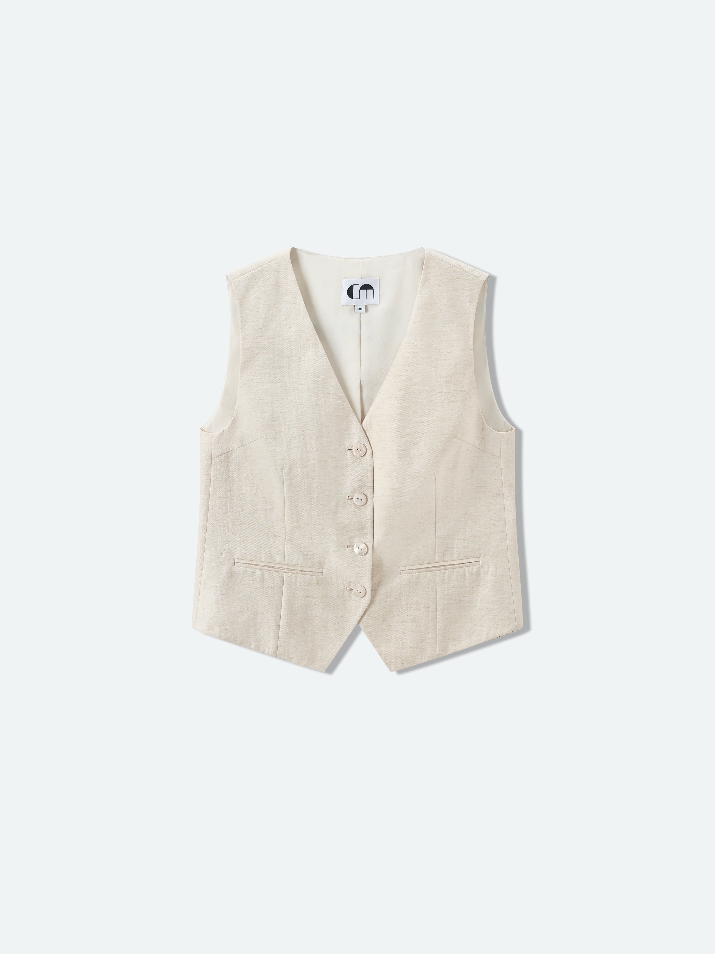 Cream White Linen Cropped V-Neck Slanted Hem Vest