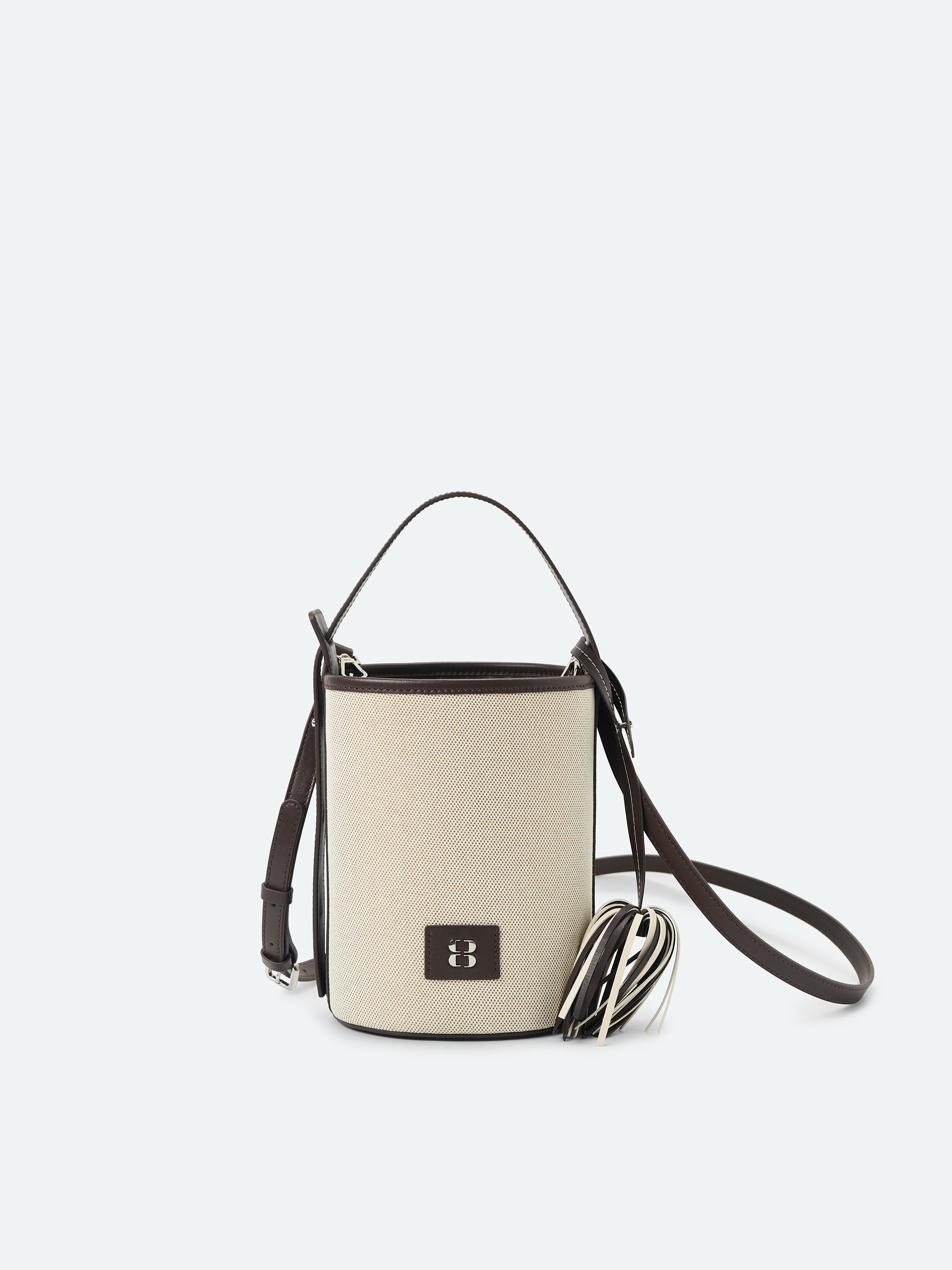 Beige Woven Canvas Leather Splice Cylindrical Crossbody Bag