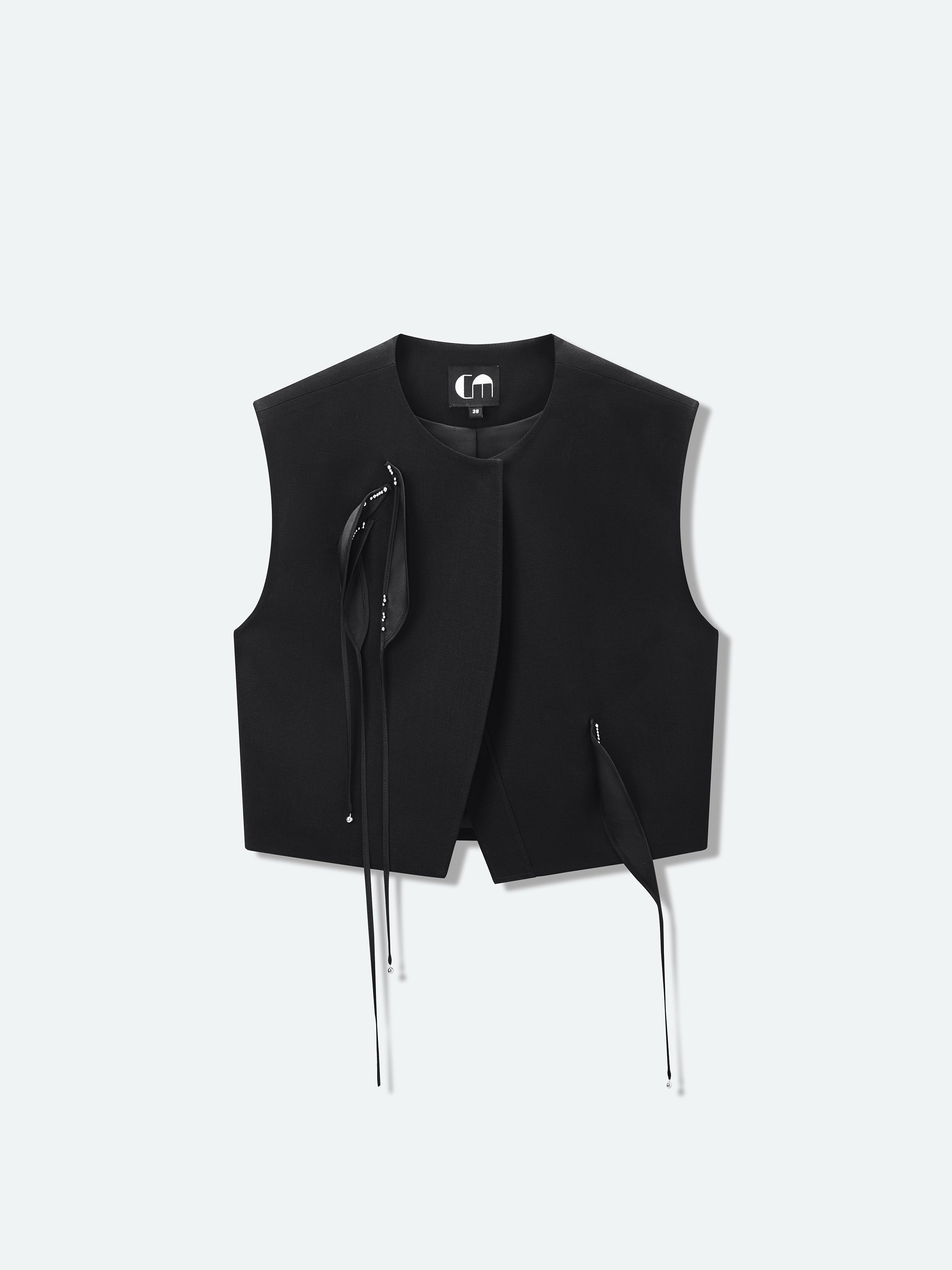 Black Diacetate Linen Weave Cropped Straight Short Vest