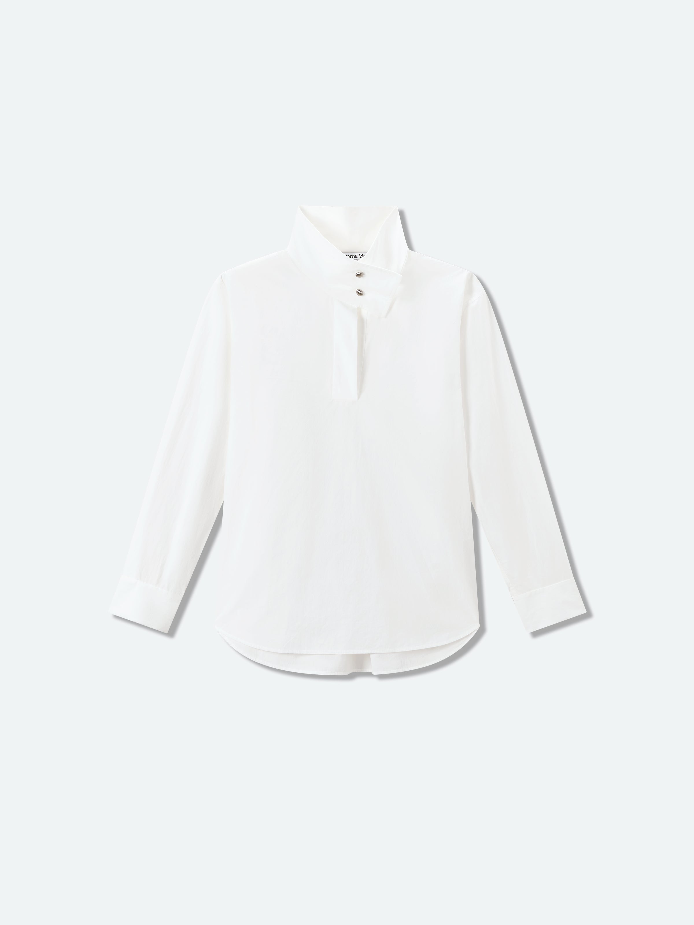 Off-white oversized shirt-style top, stand collar, button front, long sleeves