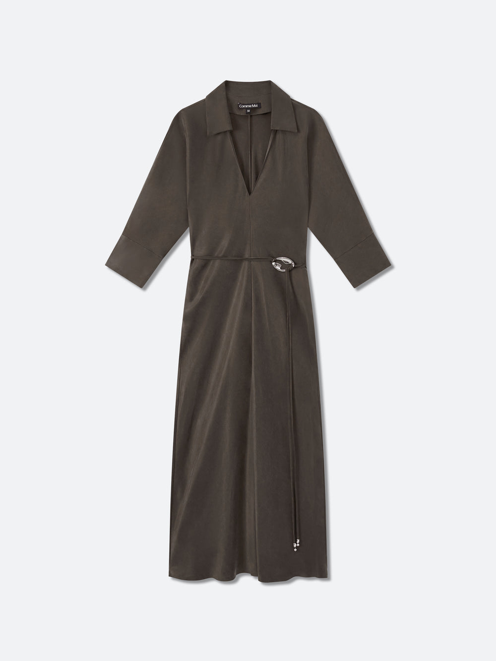 Olive green V-neck belted maxi mermaid dress with three-quarter sleeves