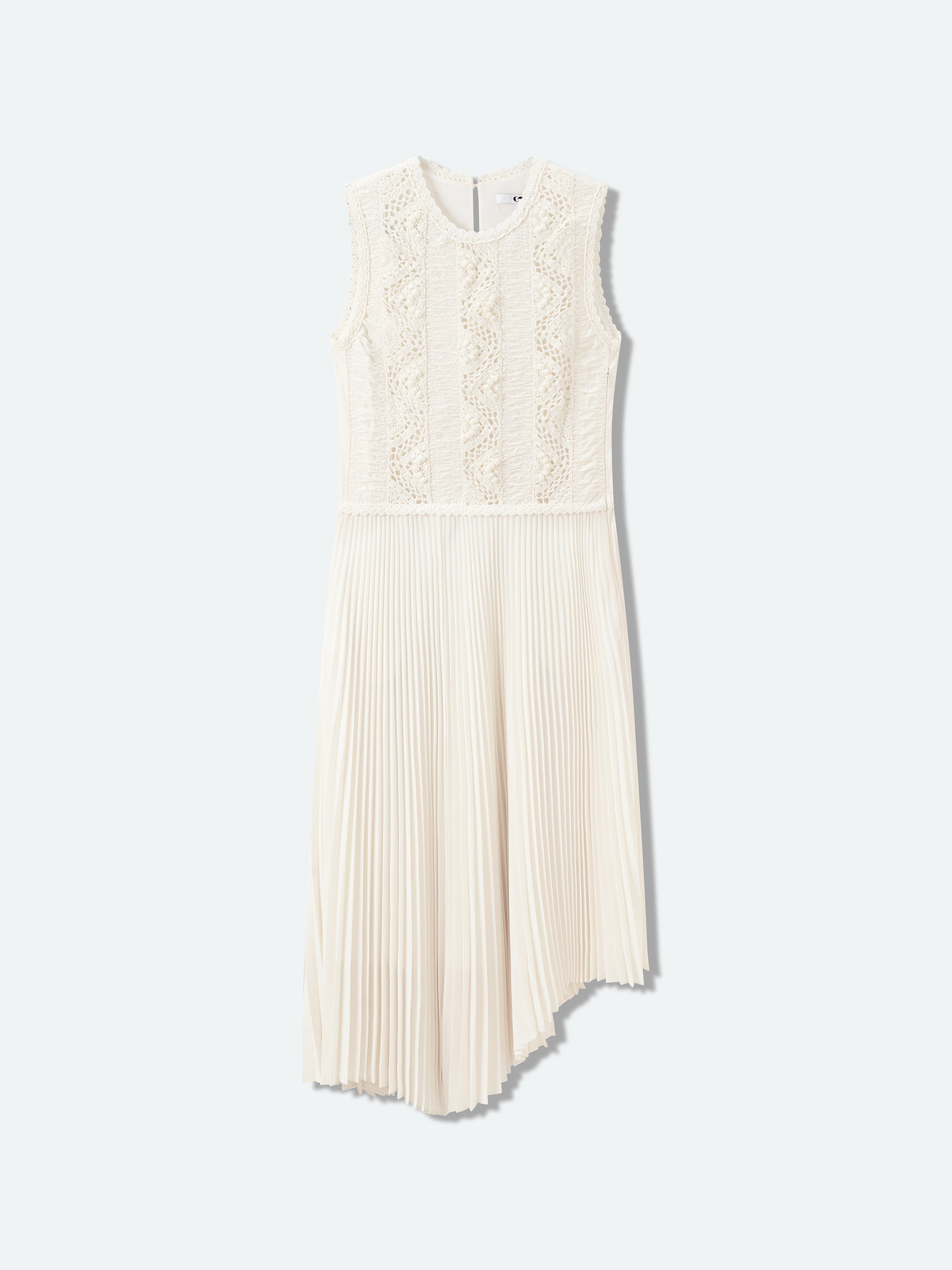 Cream White Pima Cotton Crocheted Flower Splice Sleeveless Dress