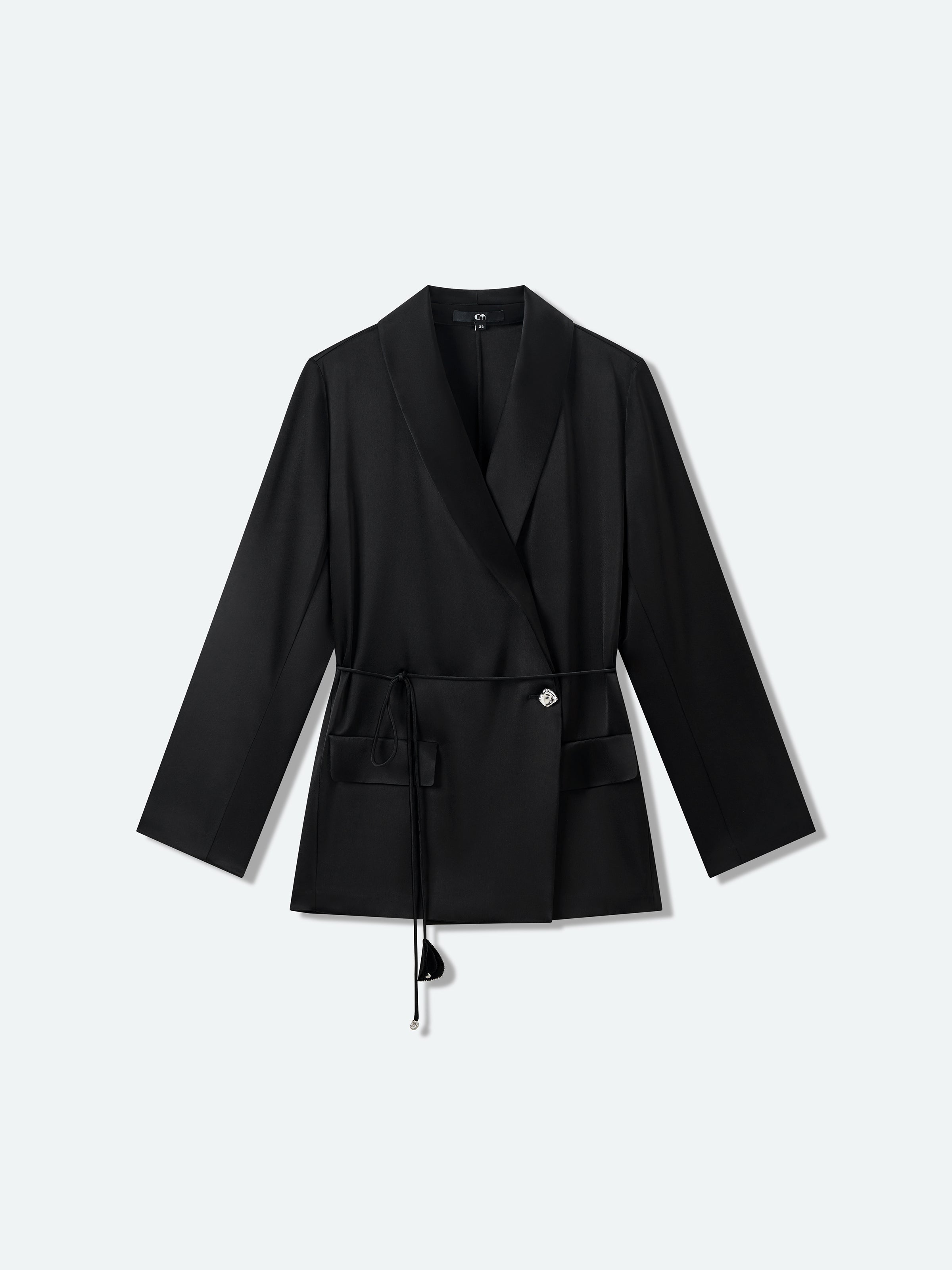 Black Water Wave Satin Shawl Collar Drawstring Blazer