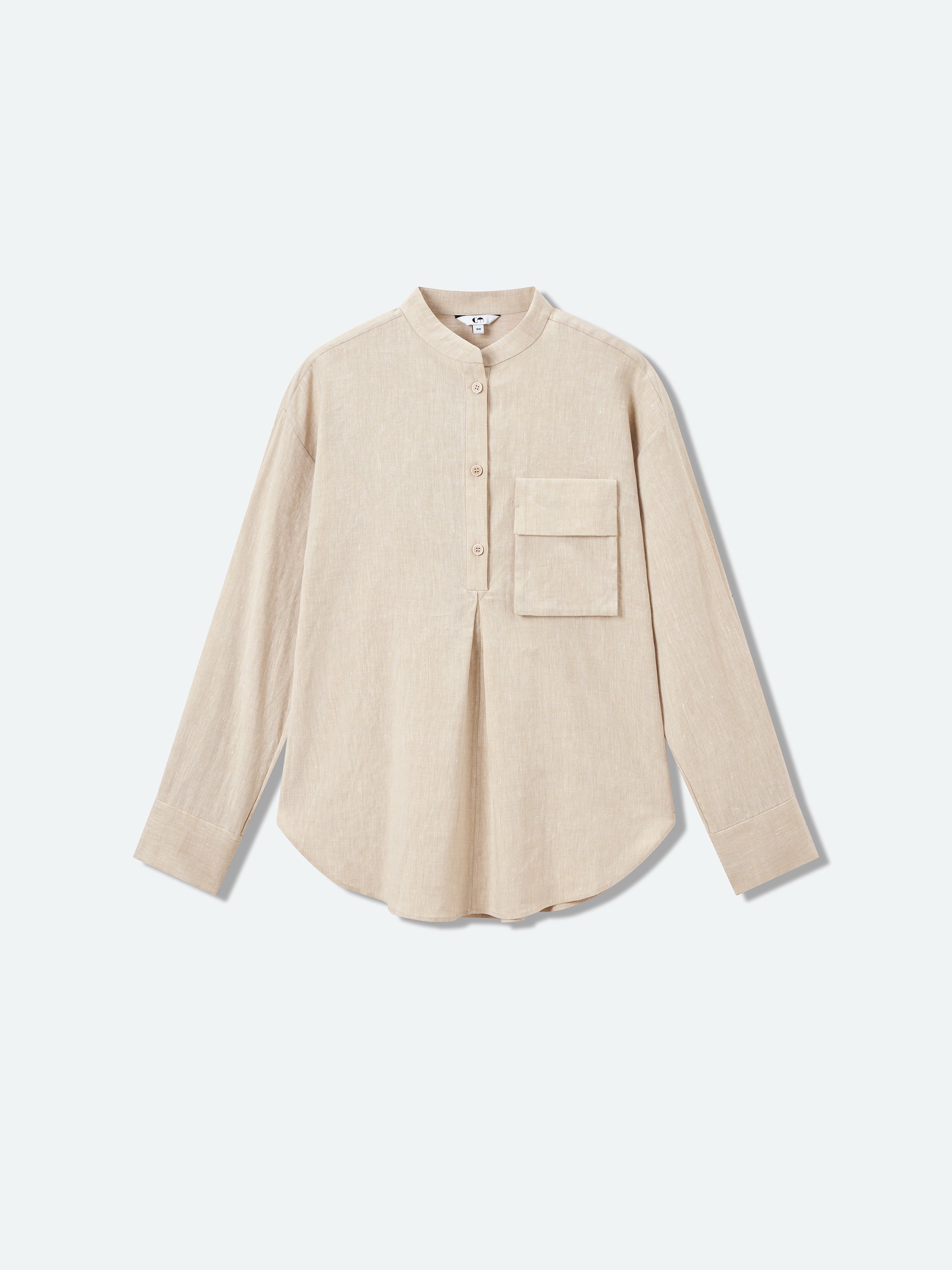Light Khaki Linen Stand Collar 3D Pocket Long-Sleeve Shirt