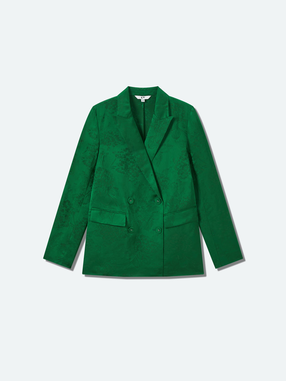 Green jacquard double-breasted blazer, front button closure and flap pockets